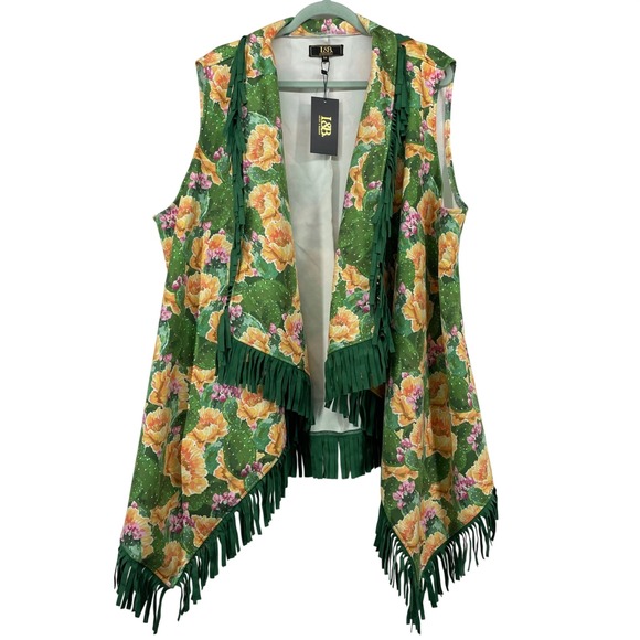 Lucky & Blessed Jackets & Blazers - Lucky & Blessed Women Plus Size 3X Vest Green Floral Fringe Western Festival